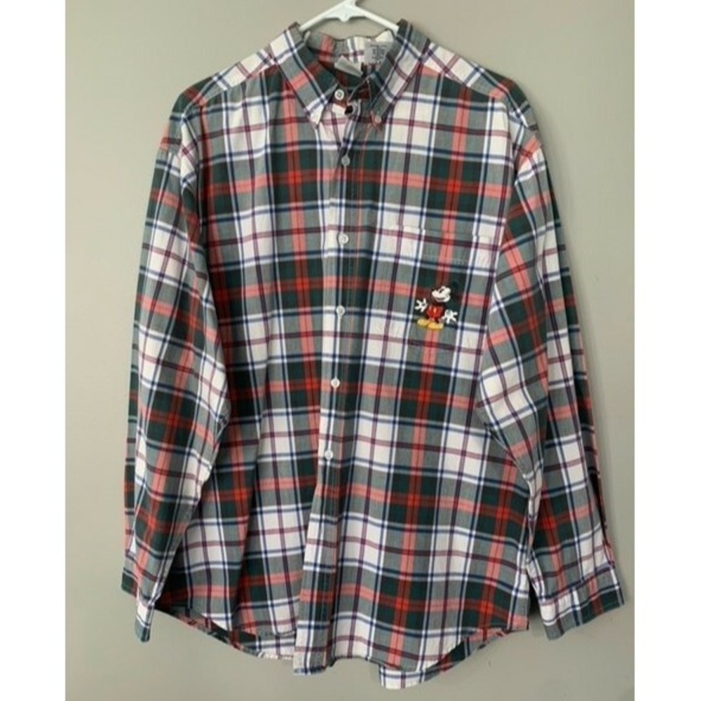 Disney Store Mickey Mouse Button Shirt Plaid Mens Large, needs a button/provided